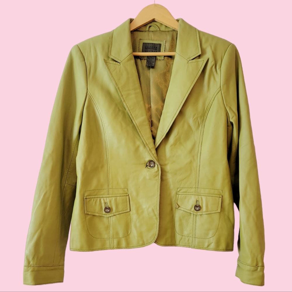 Vintage 100% Leather Y2K 2000s Green Satin Lined Women's Blazer L Model Off Duty